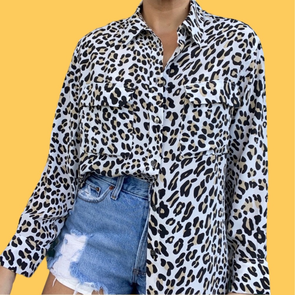 Equipment Leopard Print Button-Up Blouse in Black and Cream